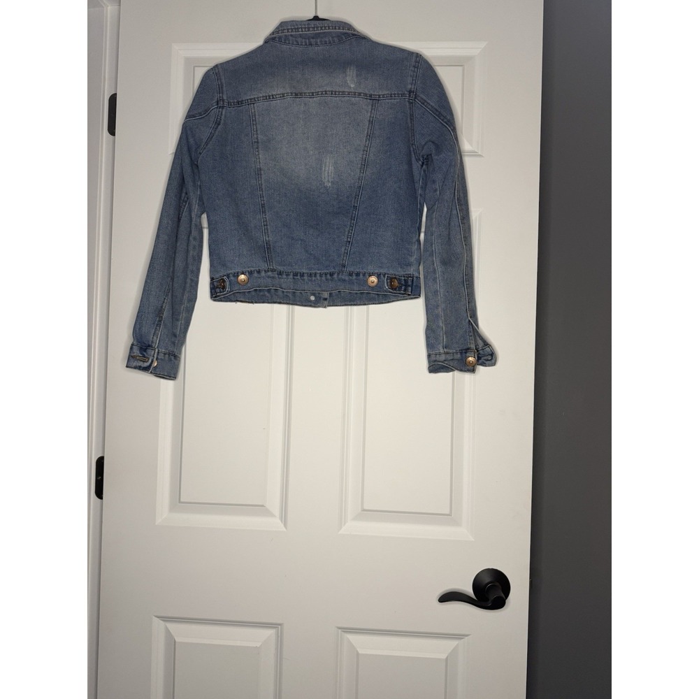 Ci Sono Distressed Denim Jean Jacket  Various Patches Button Closure Small - Picture 2 of 2